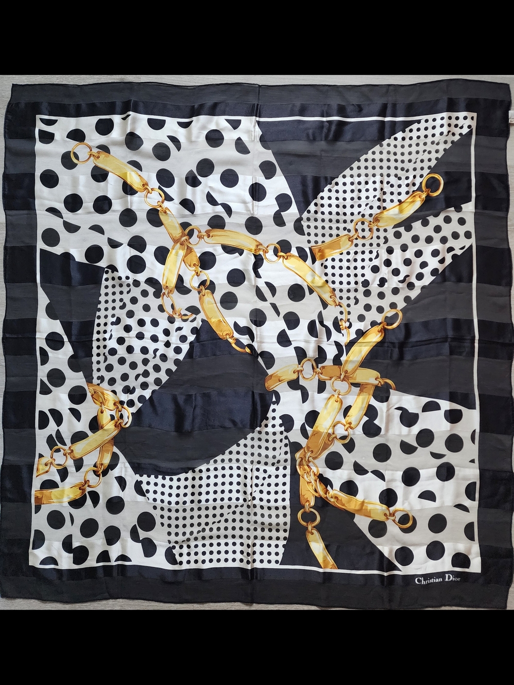 Auth Dior Polka Dot Chain Motif Silk Scarf